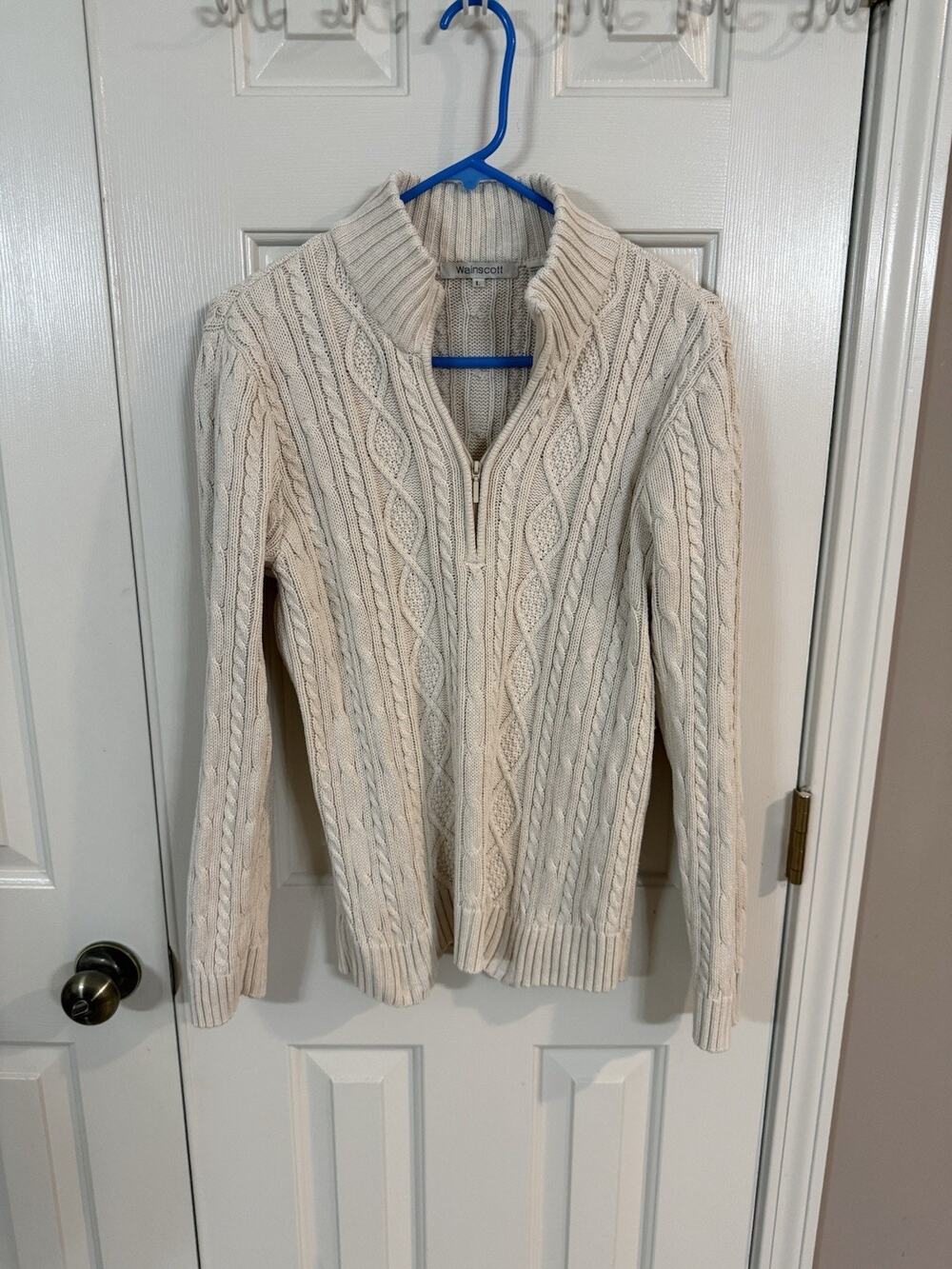Wainscott Vintage 1990s Cream Cable Knit Fitted Quarter Zip Pullover L Cotton